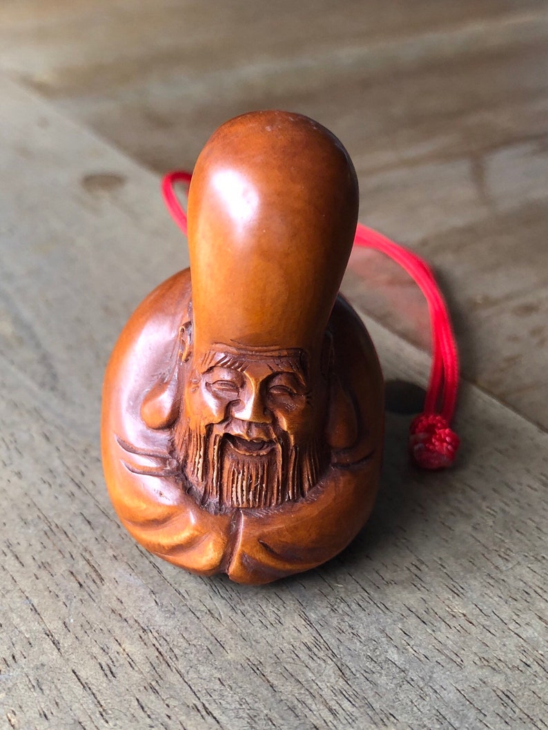 God of Longevity Carved Boxwood Netsuke with Red Cord Chinese Boxwood Figurine Netsuke Wood Sculpture Netsuke Chinese Woodcarving \u58fd\u661f\u516c