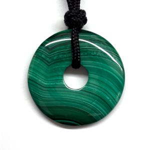 Genuine Malachite Necklace, Green Malachite Disc Necklace, Malachite Donut Necklace, Malachite Safety Buckle Adjustable Black Cord Necklace