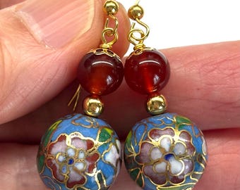 Chinese Cloisonne Earrings, Carnelian Earrings, Chinese Enamel Earrings, Vintage Floral Cloisonné Bead from 70s, Red Carnelian Bead Earrings