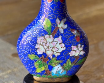 Chinese Cloisonne Snuff Bottle, Wooden Stand, Chinese Enamel