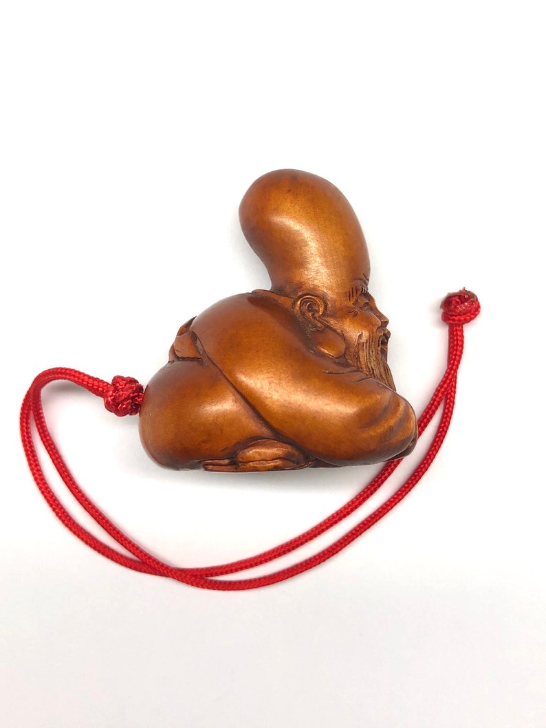 God of Longevity Carved Boxwood Netsuke with Red Cord Chinese Boxwood Figurine Netsuke Wood Sculpture Netsuke Chinese Woodcarving \u58fd\u661f\u516c