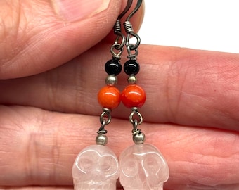 Carved Skull Earrings, Crystal Earrings, Halloween Jewelry, Rose Quartz Skull, Black Onyx, Red Sea Bamboo Oxidized Sterling Silver Earrings