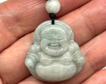 Colgante de Buda de jade, Collar de Buda de jade, Buda sonriente, Buda feliz, Colgante de Buda sonriente tallado en jade con cordón negro ajustable