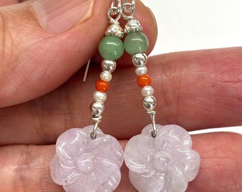 Carved Purple Jade Earrings, Coral Earrings, Carved Jade Flower, Genuine Coral, Pearl,  925 Sterling Silver Earrings, Lavender Jade Earrings