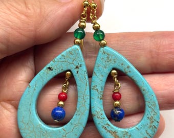 Carved Turquoise Earrings, Tear Drop Earrings, Lapis Lazuli Earrings, Red Sea Bamboo Earrings, Green Onyx Earrings, Gem Stone Earrings