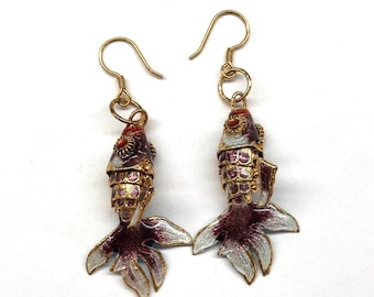 Vintage Enamel Fish Earrings, Chinese Cloisonné Fish Earrings, Vintage Chinese Cloisonné Enamel Fantail Fish from 80s, Enamel Earrings