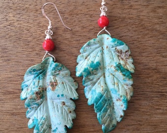 Turquoise Earrings, Carved Turquoise Earrings, Turquoise Jewellery, Hand Carved Turquoise Leaf and Sea Bamboo 925 Sterling Silver Earrings