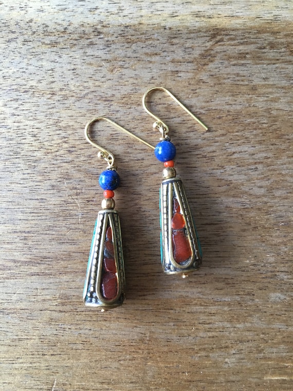 Nepalese Earrings, Tibetan Earrings, Nepal Beads with Turquoise Chips, Coral Colour Stone Chips Inlay with Lapis and Red Glass Bead Earrings