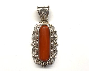 Genuine Coral Pendant, Genuine Coral Sterling Silver Filigree Pendant, Coral Jewellery, Tube Shaped Red Coral, 925 Sterling Silver Pendant