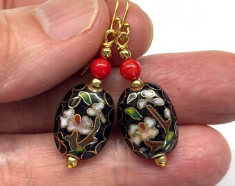 Chinese Cloisonne Earrings, Chinese Enamel Earrings, Vintage Floral Pattern Cloisonné Bead 80s, over 30 years old, Red Sea Bamboo Earrings