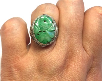 Jade Ring, Antique Jade Ring, Chinese Ring, Carved Jade Filigree Ring, Antique Carved Floral Pattern Jade Filigree 925 Sterling Silver Ring