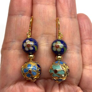 Chinese Cloisonne Earrings, Chinese Enamel Earrings, Chinese Jewellery, Vintage Chinese Floral Pattern Cloisonné Bead 70s and 80s Earrings