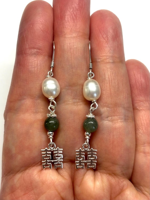 Chinese Double Happiness Earrings Cultured Pearl Green Jade Bead 925 Sterling Silver Chinese Word Double Happiness Wedding Earrings Etsy Canada