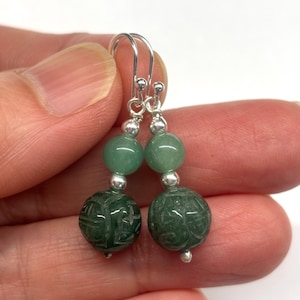 Green Aventurine Earrings, Green Earrings, Carved Green Aventurine 925 Sterling Silver Earrings, Longevity Earrings Birthday Gift, Gem Stone
