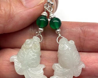 Jade Earrings, Carved Jade Fantail Fish Earrings, Green Onyx, Gem Stone, Lucky Earrings, Good Luck Earrings 925 Sterling Silver Earrings