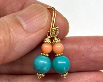 Turquoise Earrings, Coral Earrings, Genuine Turquoise, Genuine Coral Gold Plated Sterling Silver Earrings, Gem Stone, Semi Precious Stone