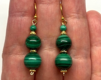 Malachite Earrings, Malachite Jewellery, Natural Malachite Earrings, Natural Green Malachite Beads Gold Plated Sterling Silver Earrings