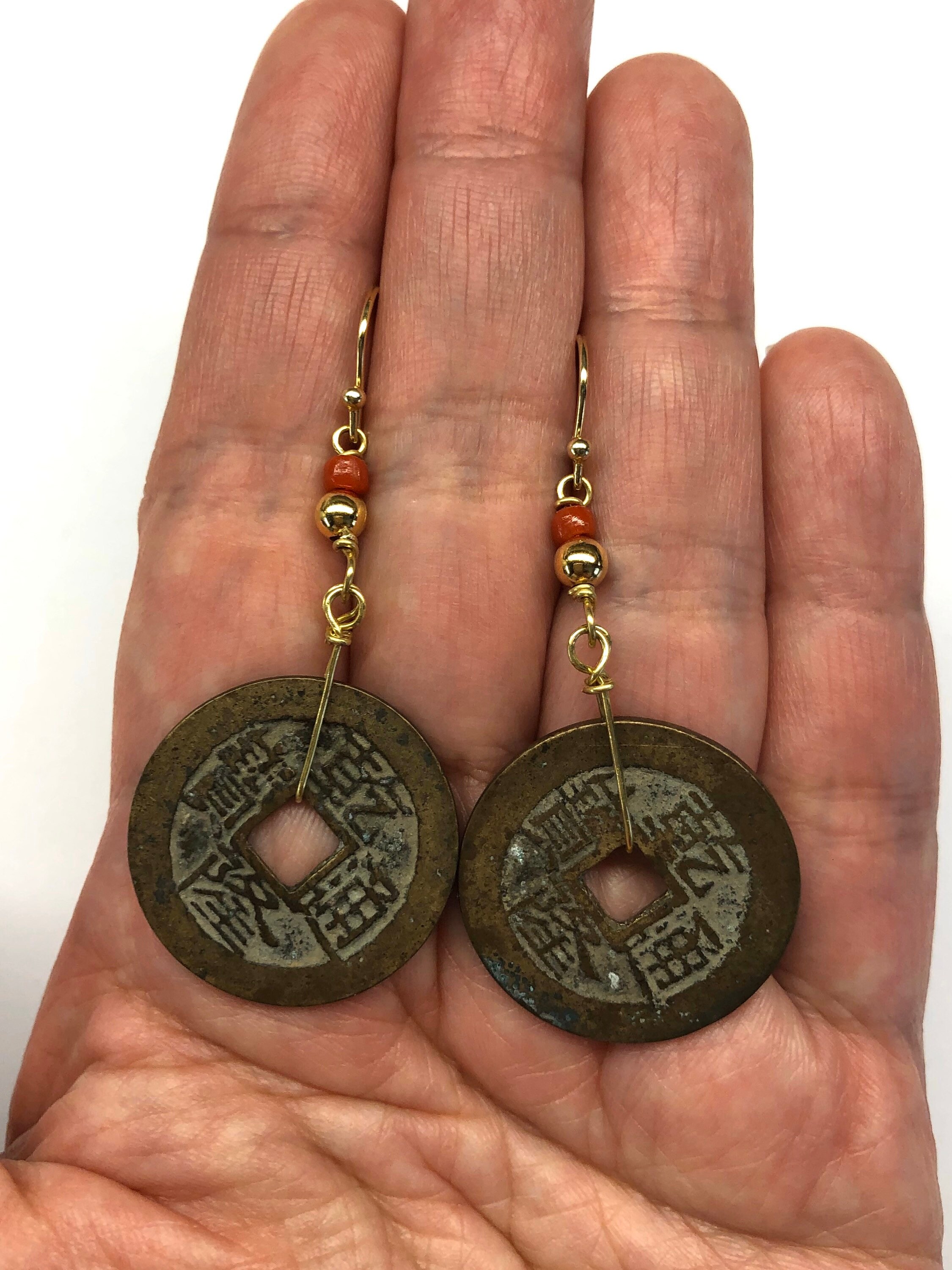 70s Vintage coin × beards chinese character design earrings