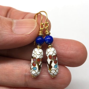 Chinese Cloisonne Earrings, Chinese Earrings, Enamel Earrings, Vintage Cloisonné Bead from 80s (over 30 years old), Lapis Lazuli Earrings