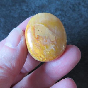 May include: A smooth, polished, oval-shaped stone featuring a warm color palette of golden yellow, cream, and soft orange hues. The surface displays natural, swirling patterns and subtle variations in opacity, creating a glossy, reflective finish.