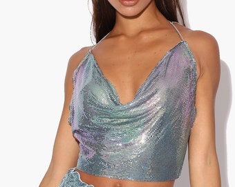 Blue Iridescent Mermaid metal chain tops crop women festival rave evening chainmail