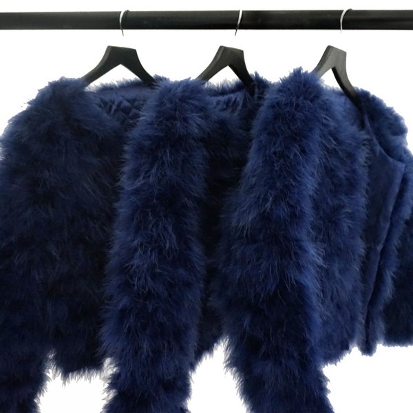 Navy Blue Fluffy Feather Jacket Marabou Winter Womens Clothing Outerwear Warm Coat Eveningwear