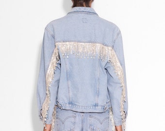 Vintage Denim Crystal Fringe Jacket