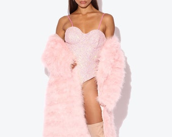 Long Baby Pink Fluffy Feather Jacket Marabou Winter Womens Clothing Outerwear Warm Coat Eveningwear