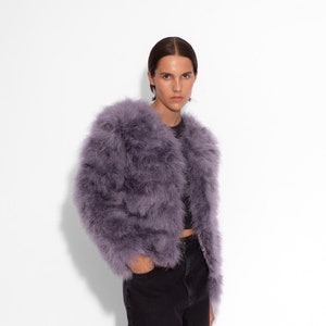 Grey Fluffy Feather Jacket Marabou Winter Womens Clothing Outerwear Warm Coat Eveningwear