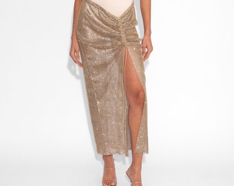 Crystal Embellished Fishnet Maxi Skirt in Gold