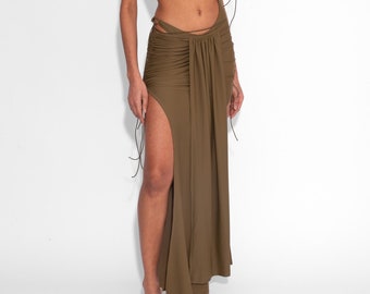 Stretch Draped Maxi Skirt in Khaki