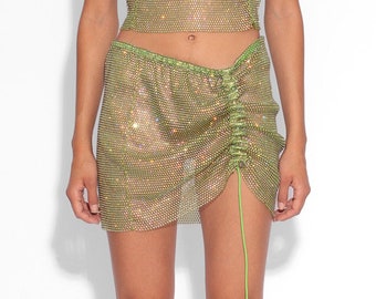 Crystal Embellished Fishnet Ruched Mini Skirt in Green