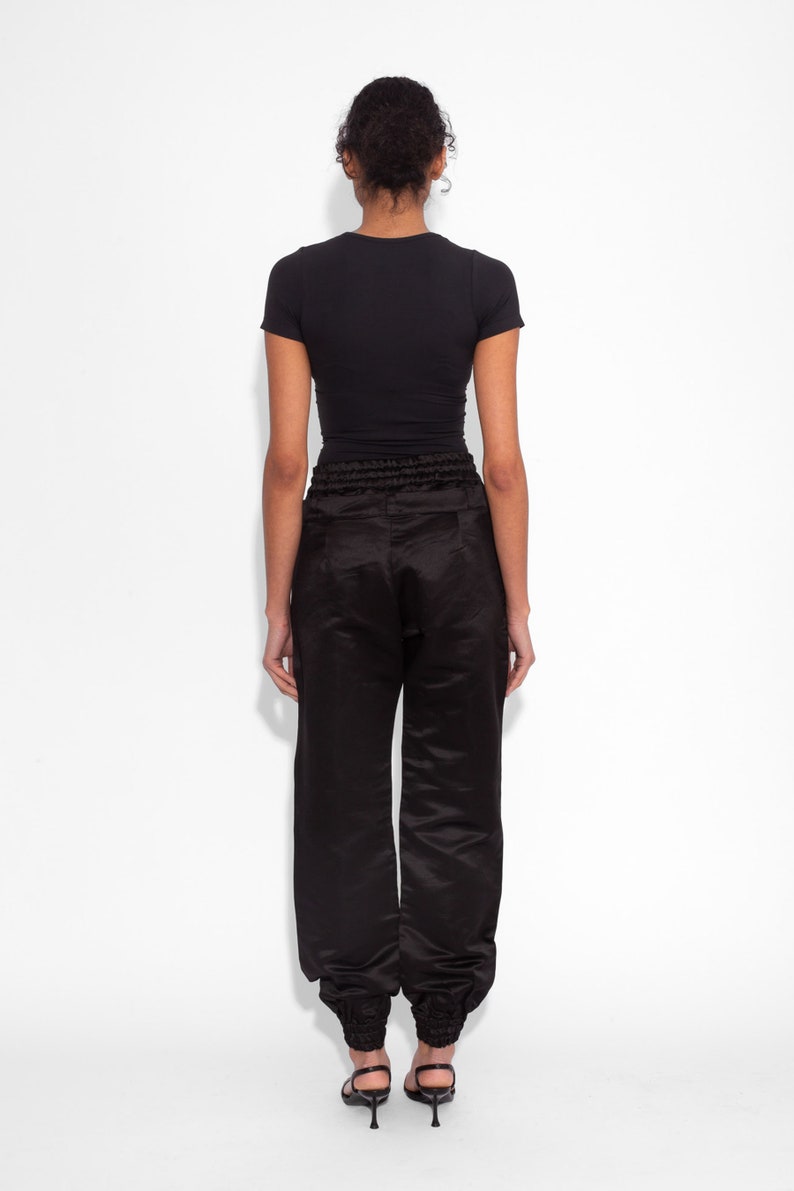 Double Waisted Satin Trousers in Black image 2