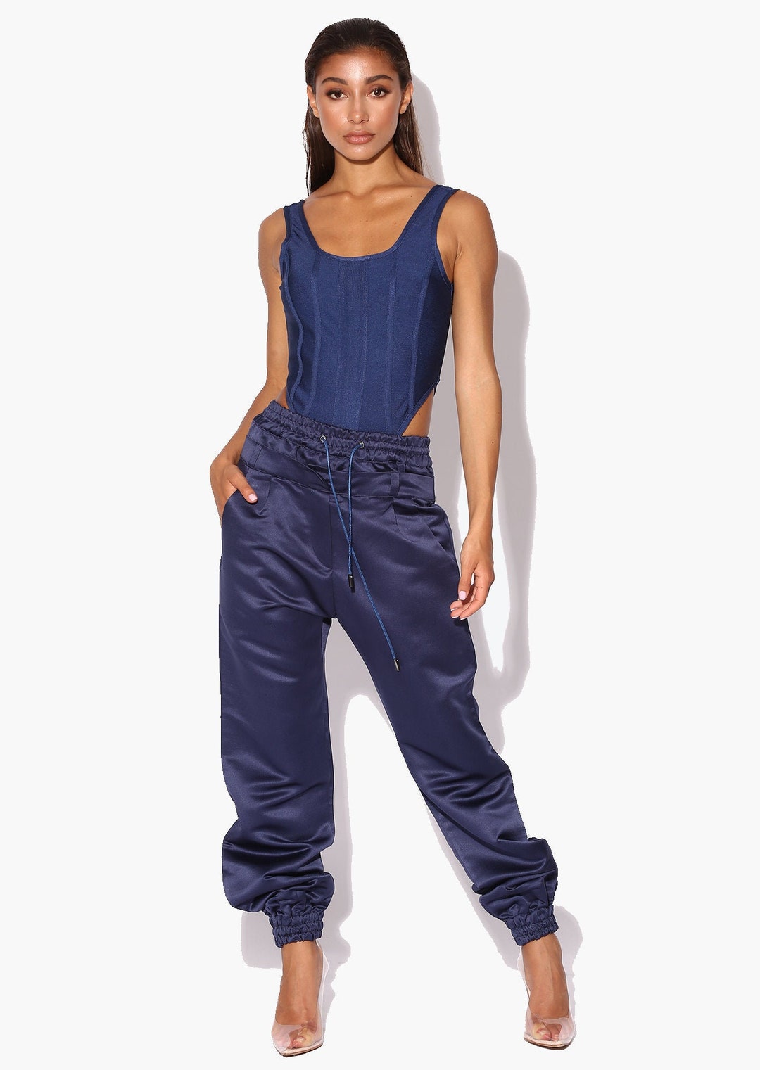 Tyra Navy Double Waisted Satin Trousers - Etsy