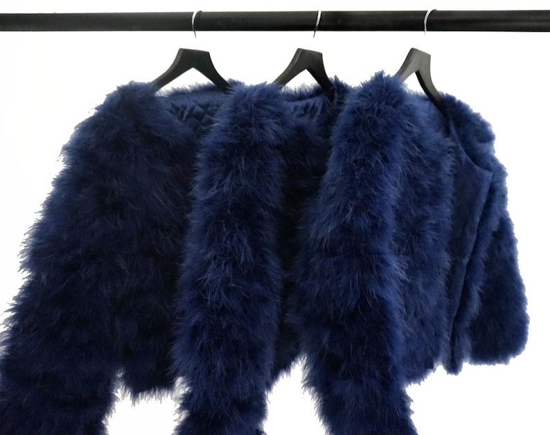 Navy Blue Fluffy Feather Jacket Marabou Winter Womens Clothing Outerwear Warm Coat Eveningwear image 1