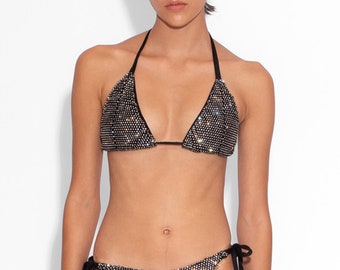 Crystal Embellished Fishnet Bikini Top in Black