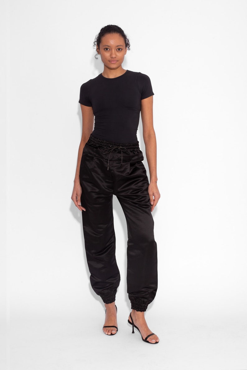 Double Waisted Satin Trousers in Black image 4