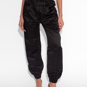Double Waisted Satin Trousers in Black image 7