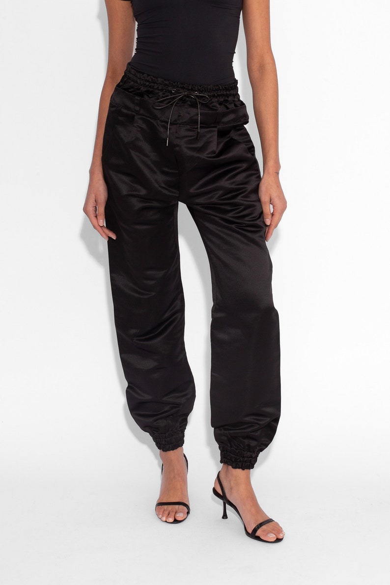 Double Waisted Satin Trousers in Black image 7