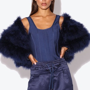 Navy Blue Fluffy Feather Jacket Marabou Winter Womens Clothing Outerwear Warm Coat Eveningwear image 5