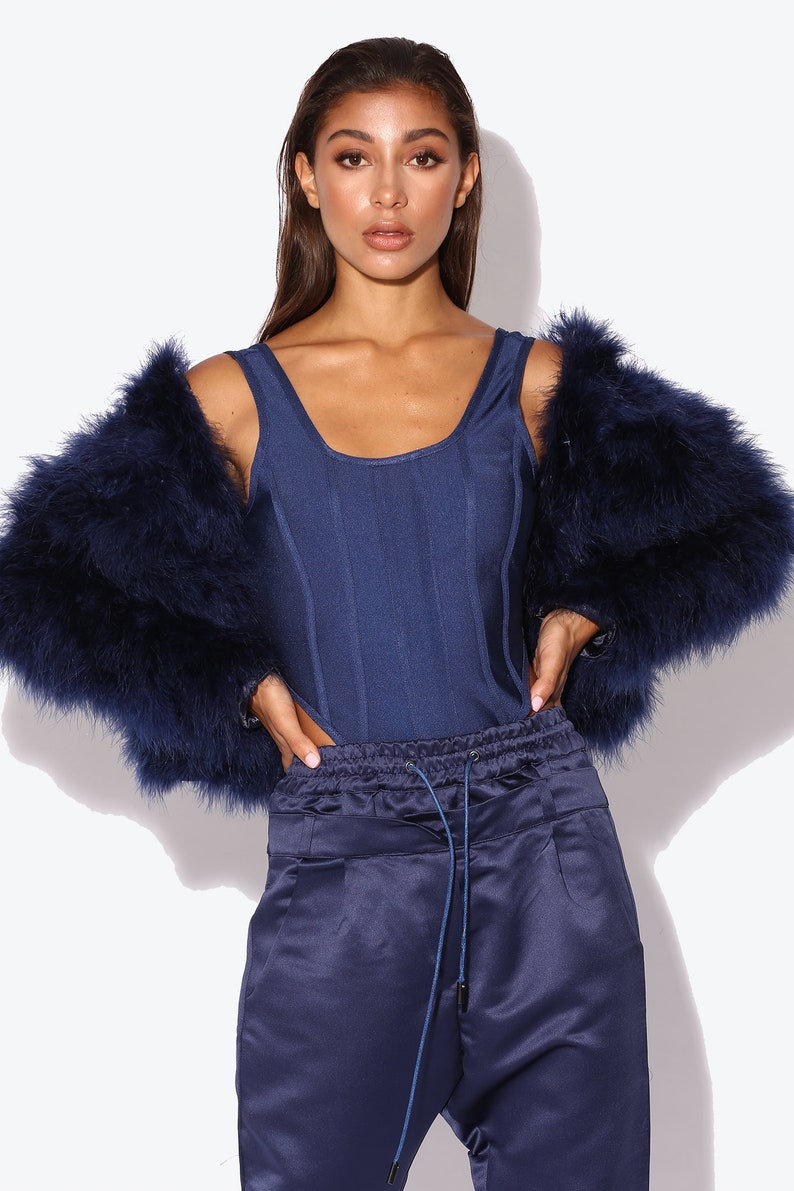 Navy Blue Fluffy Feather Jacket Marabou Winter Womens Clothing Outerwear Warm Coat Eveningwear image 5