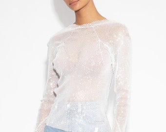 Crystal Embellished Fishnet Long Sleeved Top in White