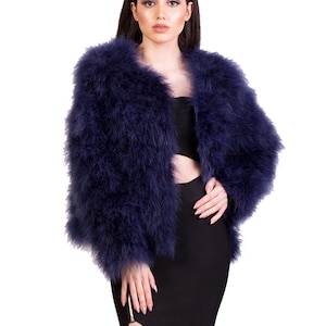 Navy Blue Fluffy Feather Jacket Marabou Winter Womens Clothing Outerwear Warm Coat Eveningwear image 10