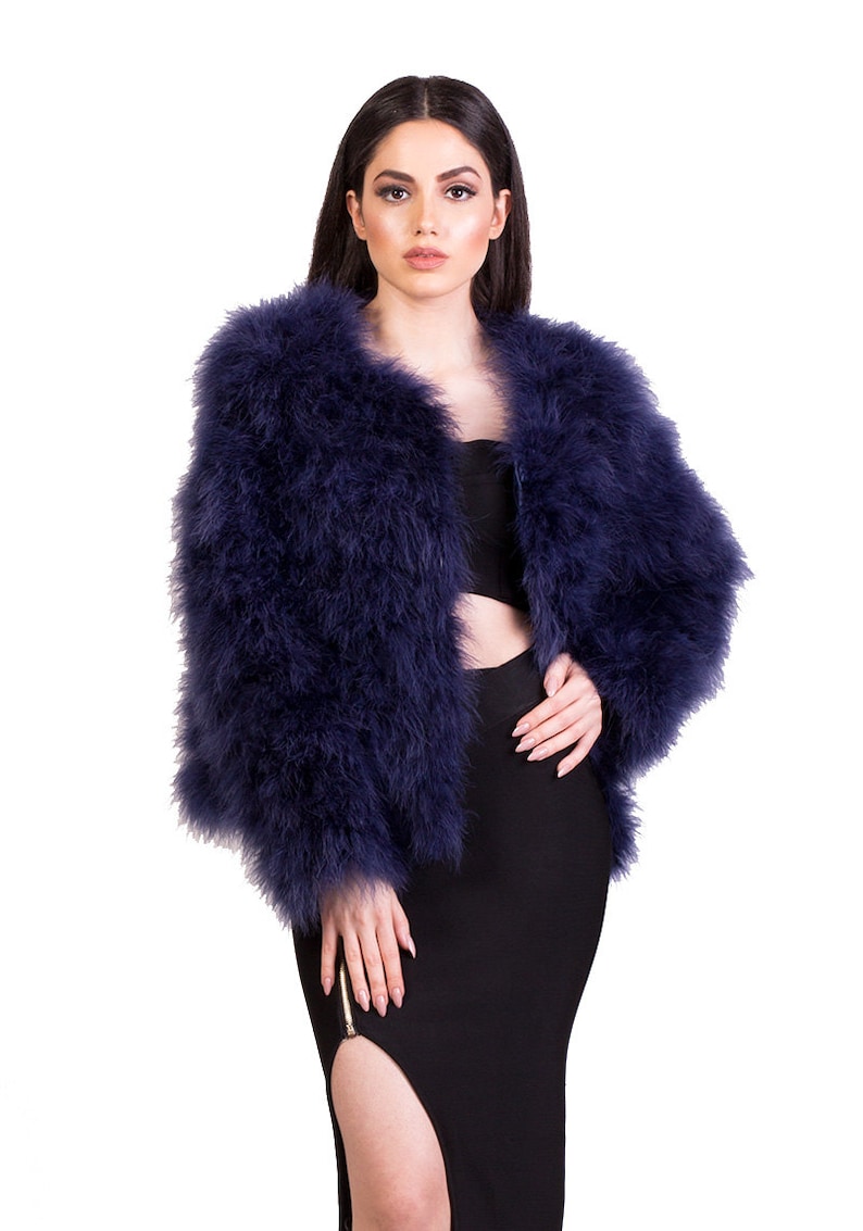 Navy Blue Fluffy Feather Jacket Marabou Winter Womens Clothing Outerwear Warm Coat Eveningwear image 10