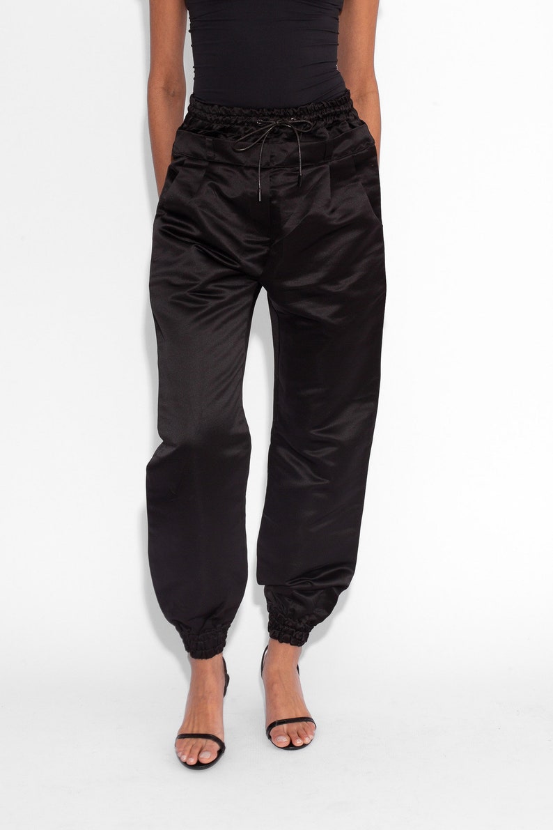 Double Waisted Satin Trousers in Black image 8