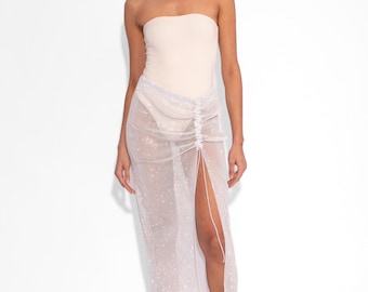 Crystal Embellished Fishnet Maxi Skirt in White