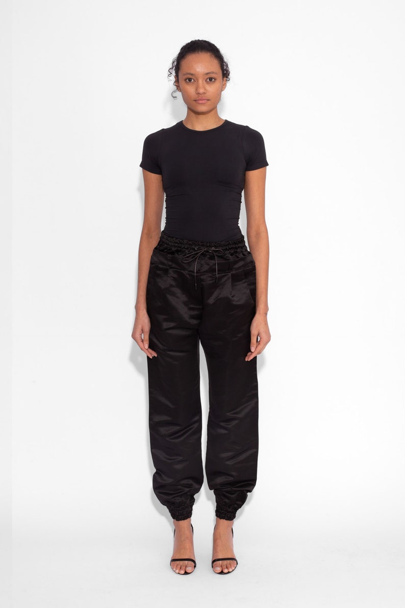 Double Waisted Satin Trousers in Black image 3