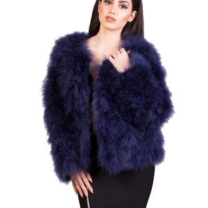 Navy Blue Fluffy Feather Jacket Marabou Winter Womens Clothing Outerwear Warm Coat Eveningwear image 9