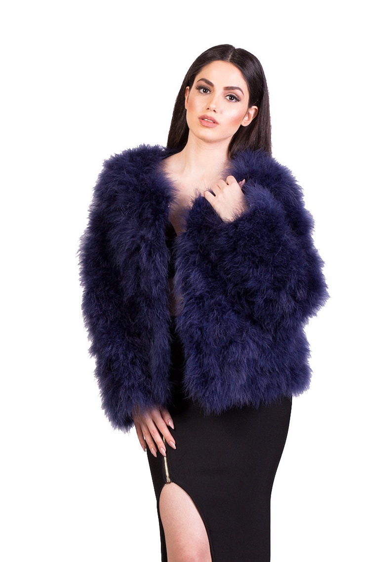 Navy Blue Fluffy Feather Jacket Marabou Winter Womens Clothing Outerwear Warm Coat Eveningwear image 9