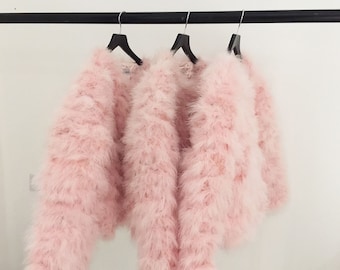Baby Pink Fluffy Feather Jacket Marabou Winter Womens Clothing Outerwear Warm Coat Eveningwear